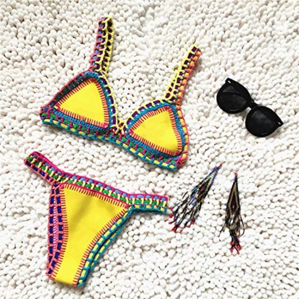 Women's Crochet Triangle Sexy Bikini Set- YELLOW